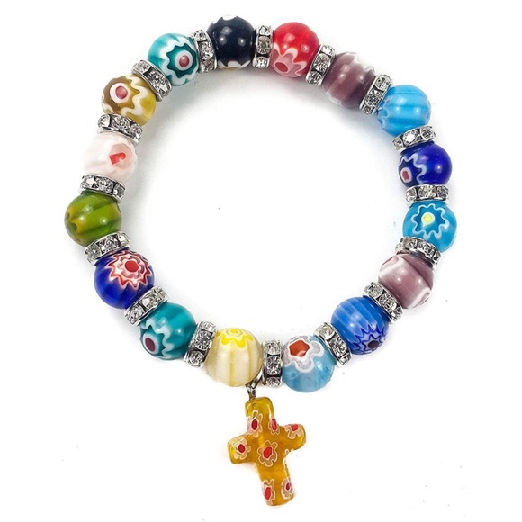 Jewelry - Store Agate Colorful Flowers Beads Cross Bracelet